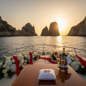 Private boat at sunset with anniversary florals and rings off the Capri coast – Capri vow renewal by boat, Italy – Kiss Me Italy