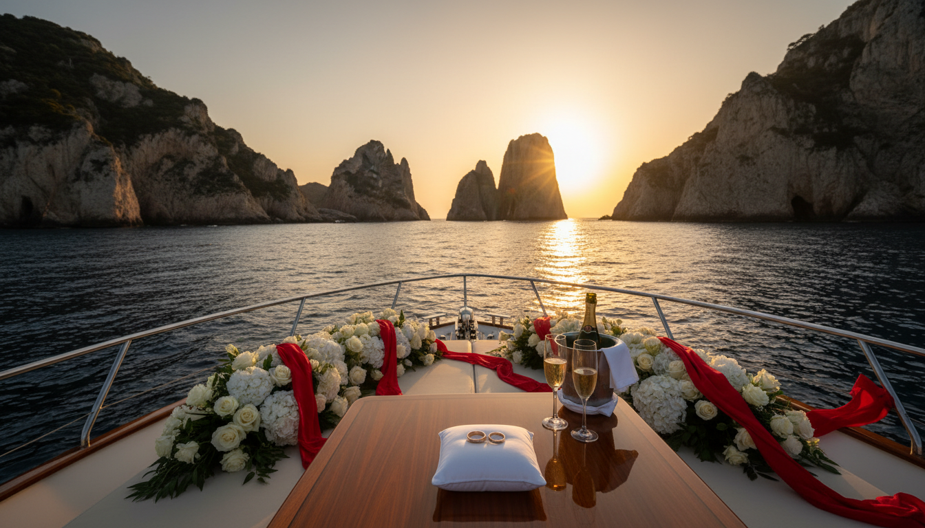 Private boat at sunset with anniversary florals and rings off the Capri coast – Capri vow renewal by boat, Italy – Kiss Me Italy