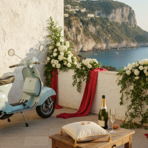  Surprise proposal in Italy Vintage Vespa and panoramic ceremony terrace with rings and florals – Capri vow renewal by Vespa, Italy – Kiss Me Italy