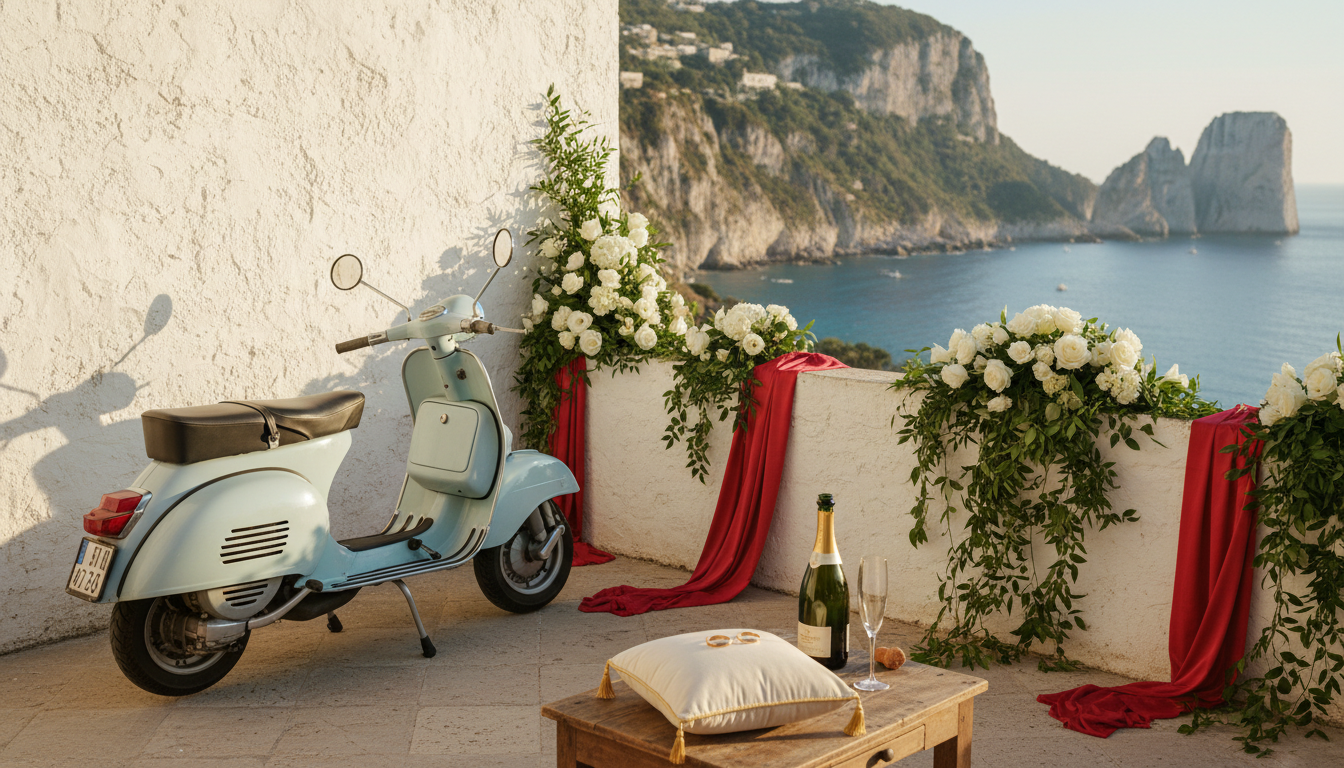 Surprise proposal in Italy Vintage Vespa and panoramic ceremony terrace with rings and florals – Capri vow renewal by Vespa, Italy – Kiss Me Italy