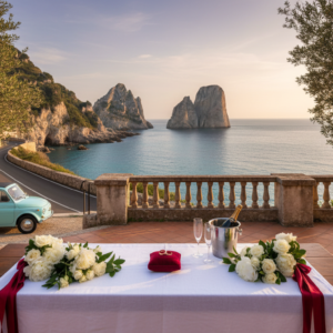 Panoramic terrace with anniversary florals and vintage Fiat 500 facing the Faraglioni – Capri vow renewal terrace, Italy – Kiss Me Italy