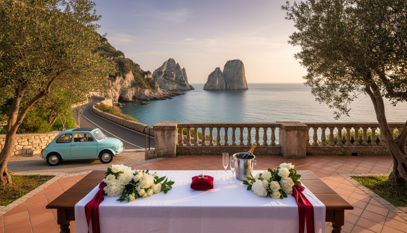Panoramic terrace with anniversary florals and vintage Fiat 500 facing the Faraglioni – Capri vow renewal terrace, Italy – Kiss Me Italy