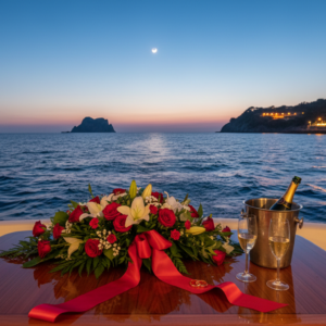 Dusk crossing toward Nerano with ceremony florals and waterfront dinner ahead – sunset vow renewal in Capri, Italy – Kiss Me Italy