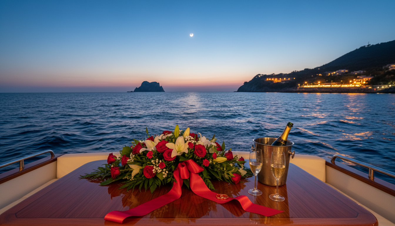 Dusk crossing toward Nerano with ceremony florals and waterfront dinner ahead – sunset vow renewal in Capri, Italy – Kiss Me Italy