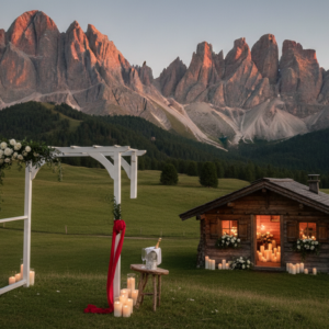 Sunset enrosadira ceremony arch and candlelit chalet on Alpe di Siusi – Dolomites vow renewal with chalet, Italy – Kiss Me Italy