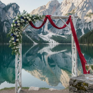 Floral arch at the iconic viewpoint of Lago di Carezza's emerald water – vow renewal at Lago di Carezza, Italy – Kiss Me Italy