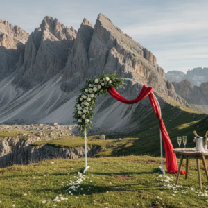 Floral ceremony arch facing the Seceda ridgeline in the Dolomites – vow renewal at Seceda, Italy – Kiss Me Italy