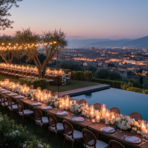 Candlelit wedding dinner in a hillside garden above Florence with city lights beyond – Florence wedding venue – Kiss Me Italy