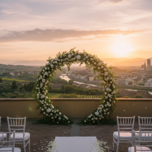 Wedding ceremony on a panoramic terrace overlooking Florence and the Duomo at sunset – Florence hills wedding venue – Kiss Me Italy