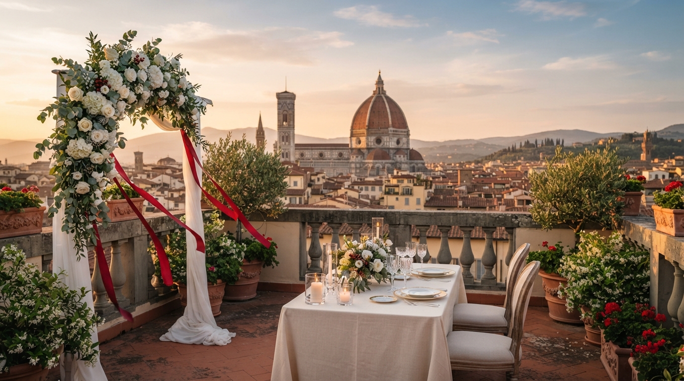 Private rooftop ceremony with breathtaking Duomo view and terrace dinner – luxury vow renewal in Florence, Italy – Kiss Me Italy
