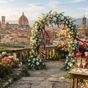 Florence Rose Garden terrace with floral ceremony setup and Duomo view – vow renewal in Florence, Italy – Kiss Me Italy