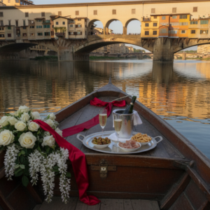Historic wooden boat on the Arno beneath Ponte Vecchio with florals – vow renewal on the Arno, Florence, Italy – Kiss Me Italy