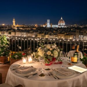 Central Florence apartment at night with panoramic skyline and chef dinner – overnight vow renewal in Florence, Italy – Kiss Me Italy