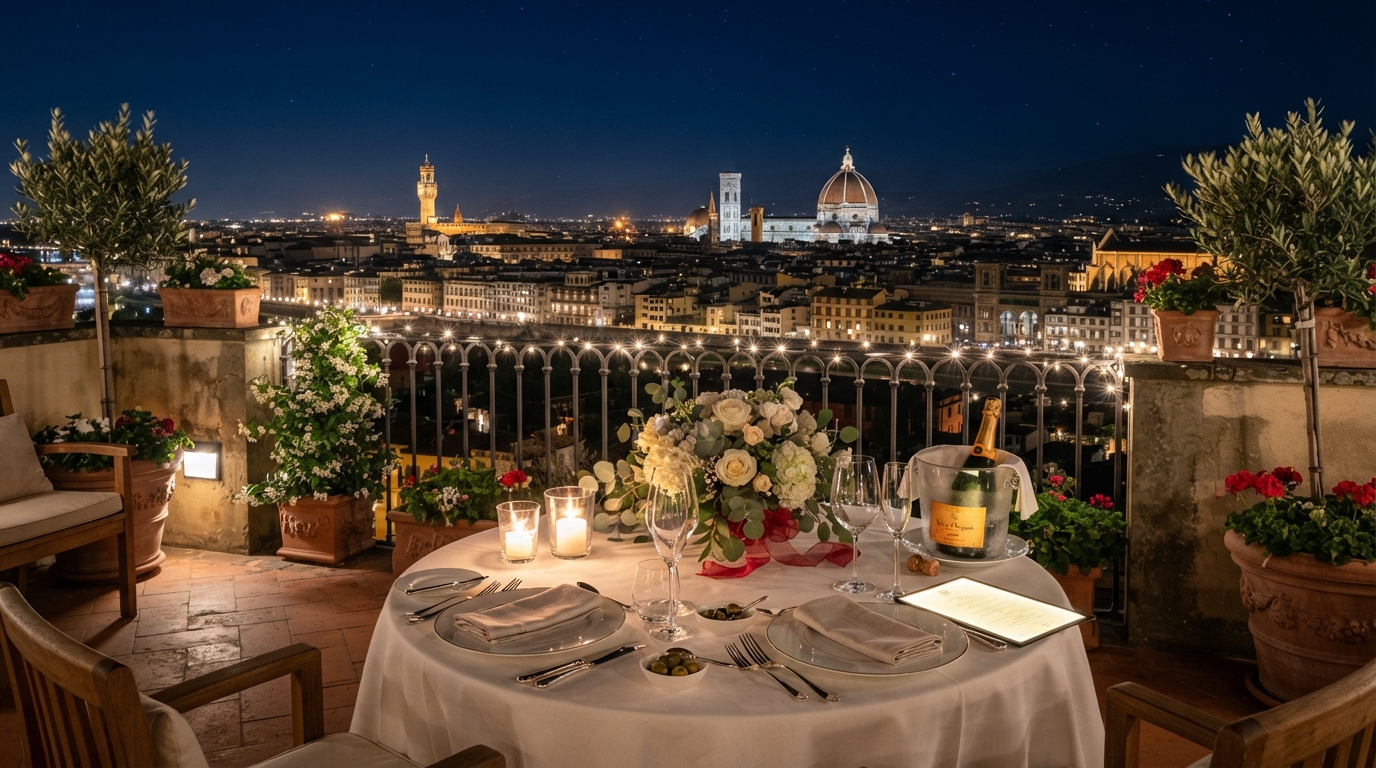 Central Florence apartment at night with panoramic skyline and chef dinner – overnight vow renewal in Florence, Italy – Kiss Me Italy