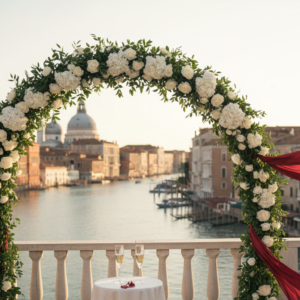 Elopement ceremony with red ribbon and florals on a rooftop above the Grand Canal – Venice rooftop elopement – Kiss Me Italy