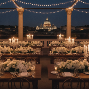 Dolce Vita wedding dinner on the rooftop of Hotel de la Ville at night – Rome Spanish Steps wedding – Kiss Me Italy