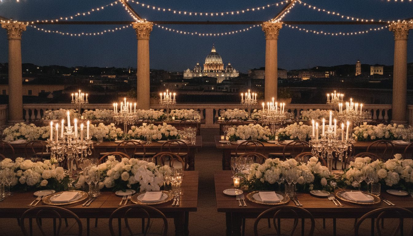 Dolce Vita wedding dinner on the rooftop of Hotel de la Ville at night – Rome Spanish Steps wedding – Kiss Me Italy