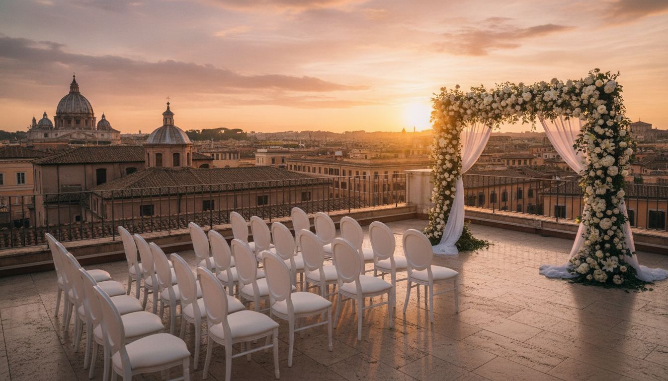 Wedding ceremony on the Privè Terrace of Hotel de la Ville above the rooftops of Rome – Hotel de la Ville wedding – Kiss Me Italy