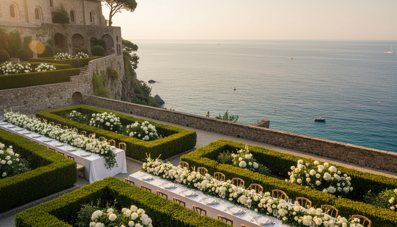 Wedding reception in the monumental sea gardens of La Cervara abbey on the Portofino promontory – La Cervara wedding – Kiss Me Italy
