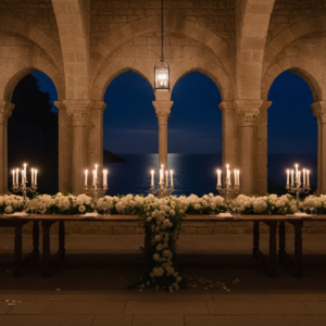 The Riviera Abbey Wedding — La Cervara Candlelit wedding dinner in the 16th-century cloister of La Cervara abbey – Riviera abbey wedding – Kiss Me Italy