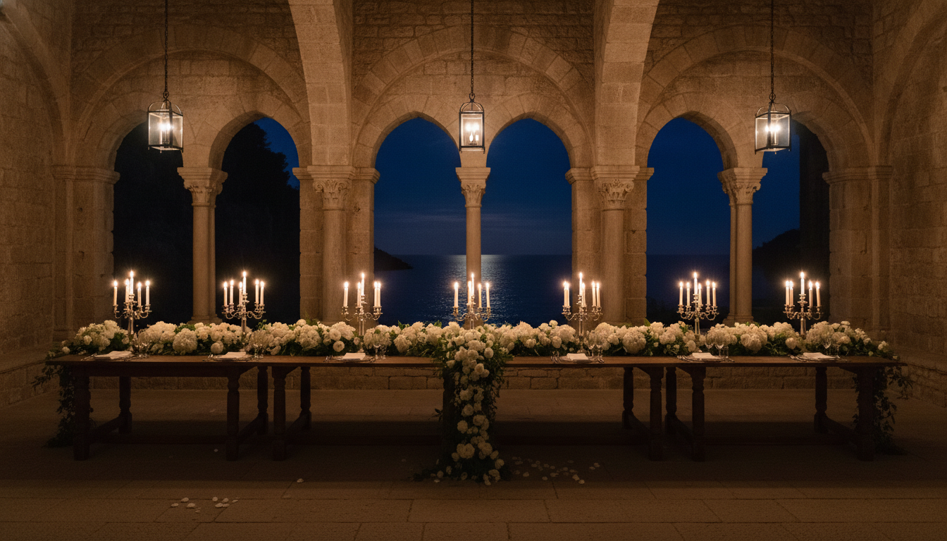 Candlelit wedding dinner in the 16th-century cloister of La Cervara abbey – Riviera abbey wedding – Kiss Me Italy
