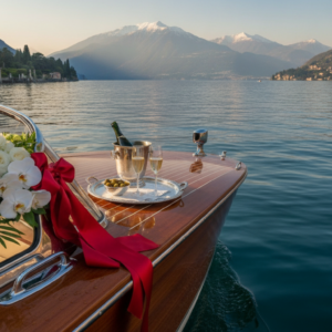 Classic wooden boat on Lake Como with florals and aperitivo on board – vow renewal boat tour on Lake Como, Italy – Kiss Me Italy
