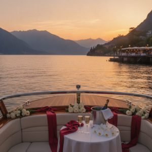 Golden hour cruise on Lake Como with champagne and panoramic dinner table – sunset vow renewal on Lake Como, Italy – Kiss Me Italy