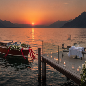 Sunset navigation on Lake Garda arriving at a panoramic waterside restaurant – sunset vow renewal on Lake Garda, Italy – Kiss Me Italy