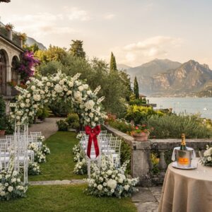 Villa garden ceremony setup and panoramic suite on Lake Garda – vow renewal villa suite on Lake Garda, Italy – Kiss Me Italy