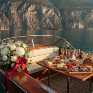 Private boat on Lake Garda with gourmet aperitivo and ceremony florals – vow renewal boat on Lake Garda, Italy – Kiss Me Italy