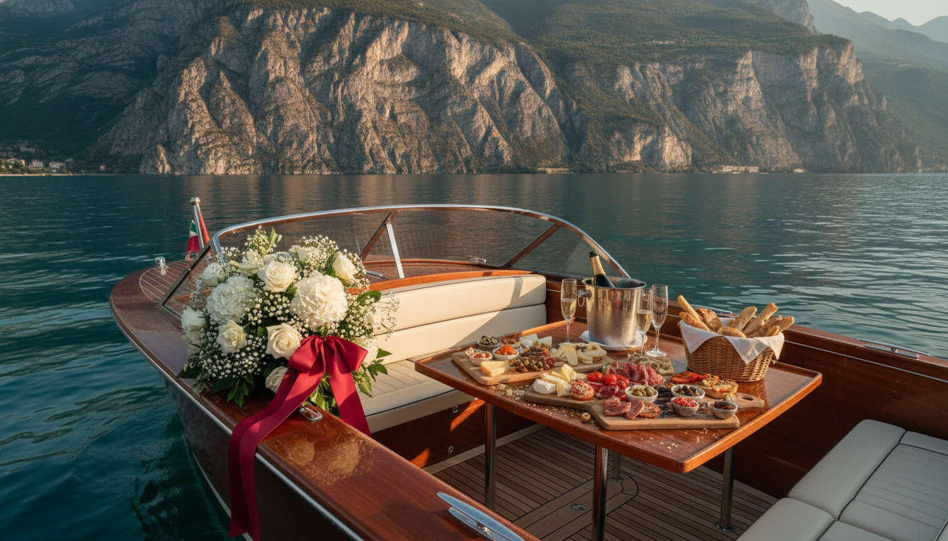 Private boat on Lake Garda with gourmet aperitivo and ceremony florals – vow renewal boat on Lake Garda, Italy – Kiss Me Italy