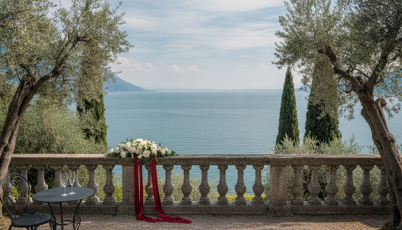 Secret garden overlooking Lake Garda with floral arch and champagne – vow renewal on Lake Garda, Italy – Kiss Me Italy