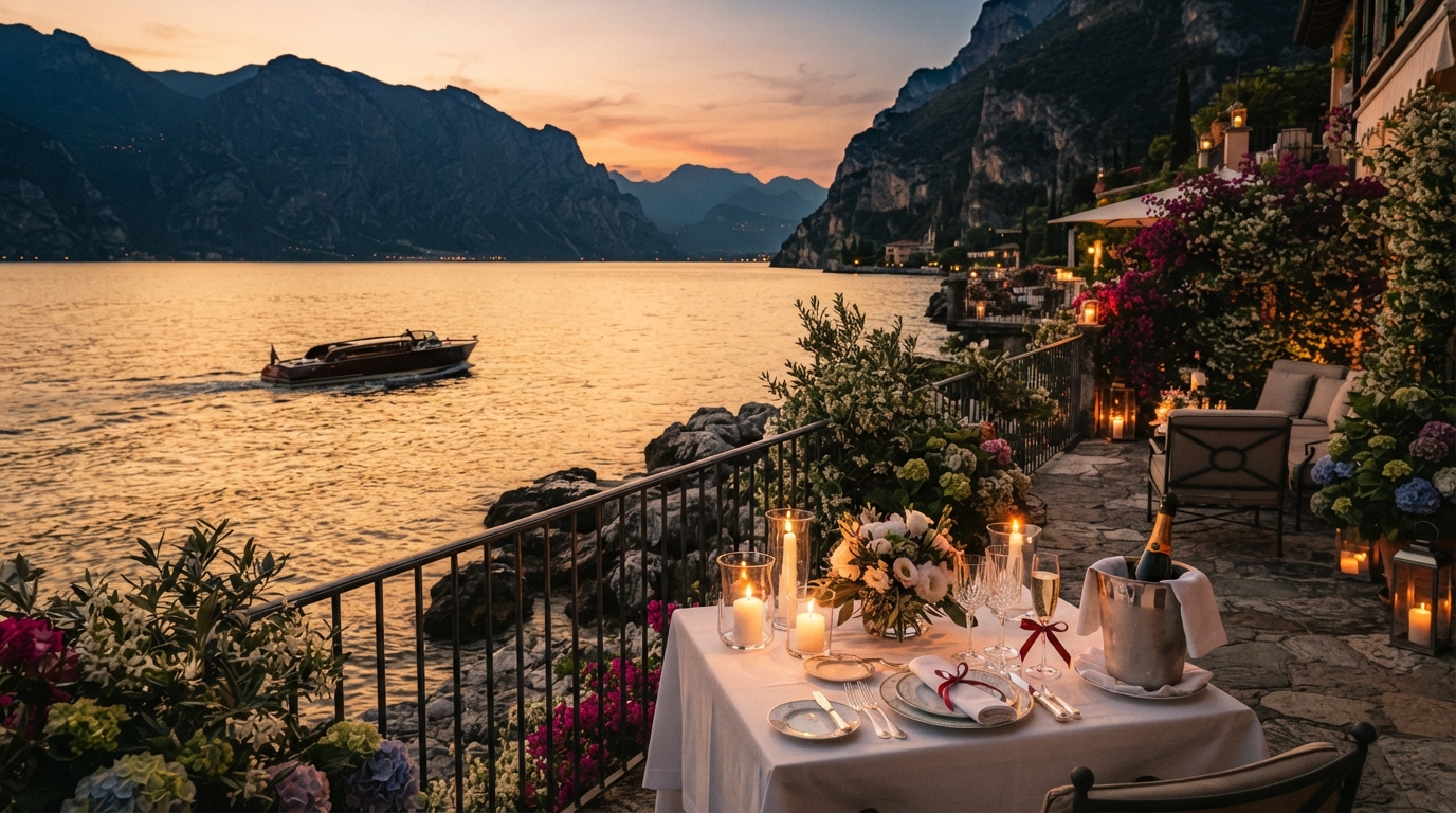 Sunset boat tour and exclusive lakeside suite with chef dinner on Lake Garda – luxury vow renewal on Lake Garda, Italy – Kiss Me Italy