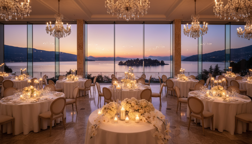 Wedding in Italy with Accommodation Elegant wedding reception in a panoramic lakefront hall on Lake Maggiore at dusk – 5-star Lake Maggiore wedding – Kiss Me Italy