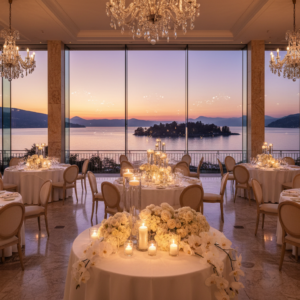 Wedding in Italy with Accommodation Elegant wedding reception in a panoramic lakefront hall on Lake Maggiore at dusk – 5-star Lake Maggiore wedding – Kiss Me Italy
