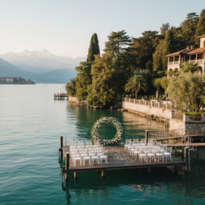 Wedding ceremony on the private pier of a historic villa over Lake Maggiore with the Borromean Islands beyond – Lake Maggiore villa wedding – Kiss Me Italy