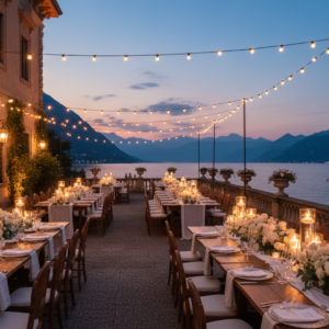 Candlelit wedding dinner on the panoramic terrace of a Lake Maggiore villa at dusk – Lake Maggiore wedding – Kiss Me Italy