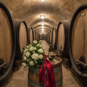 Historic Barolo cellar with barrels, florals and wine toast setup – Barolo vow renewal in the Langhe, Italy – Kiss Me Italy