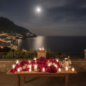 Private suite terrace with roses and champagne over the Gulf of Salerno at Monastero Santa Rosa – luxury proposal Amalfi Coast – Kiss Me Italy