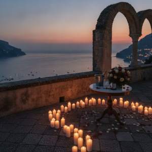 Romantic proposal setup with roses on a clifftop terrace of Monastero Santa Rosa at dusk – Monastero Santa Rosa proposal – Kiss Me Italy