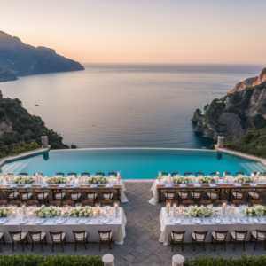 Wedding reception on the clifftop terraces of Monastero Santa Rosa above the Gulf of Salerno – Monastero Santa Rosa wedding – Kiss Me Italy