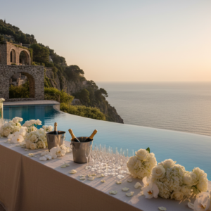 Infinity pool of Monastero Santa Rosa over the Amalfi Coast with wedding cocktail setup – Amalfi Coast monastery wedding – Kiss Me Italy