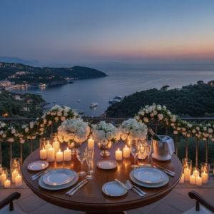 Candlelit proposal table at the Paradise Corner overlooking the Gulf of Portofino – Paradise proposal Portofino – Kiss Me Italy