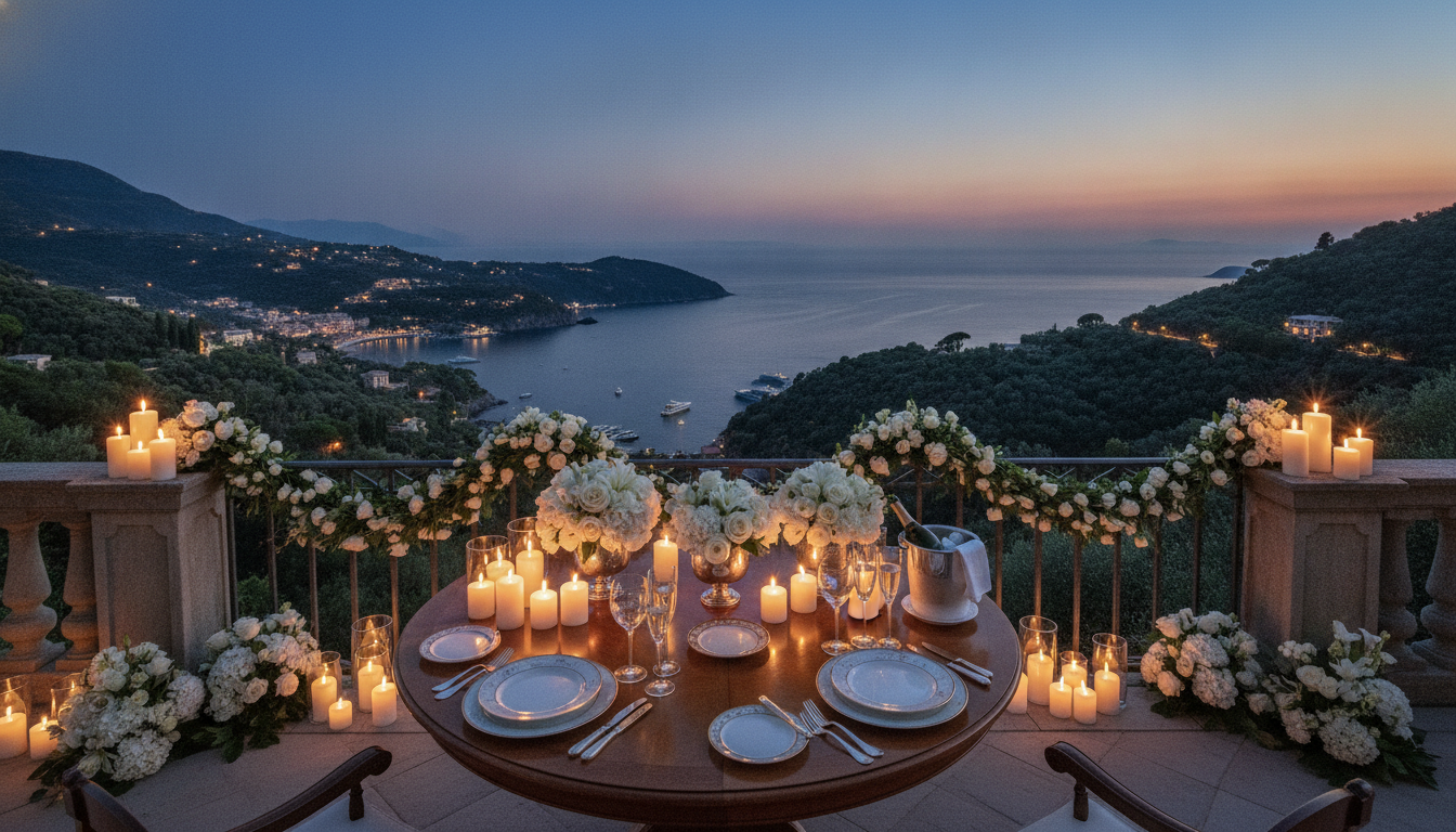 Candlelit proposal table at the Paradise Corner overlooking the Gulf of Portofino – Paradise proposal Portofino – Kiss Me Italy
