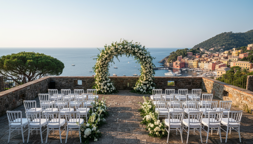 Wedding ceremony setup on the panoramic terrace of Castello Brown overlooking Portofino harbour – Portofino castle wedding – Kiss Me Italy