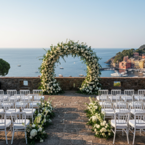 Wedding ceremony setup on the panoramic terrace of Castello Brown overlooking Portofino harbour – Portofino castle wedding – Kiss Me Italy