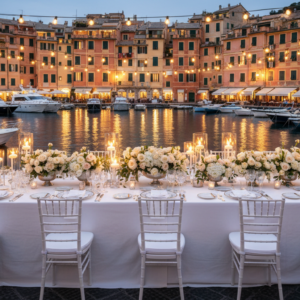 Exclusive wedding reception table on the Piazzetta of Portofino at dusk – Portofino wedding reception – Kiss Me Italy
