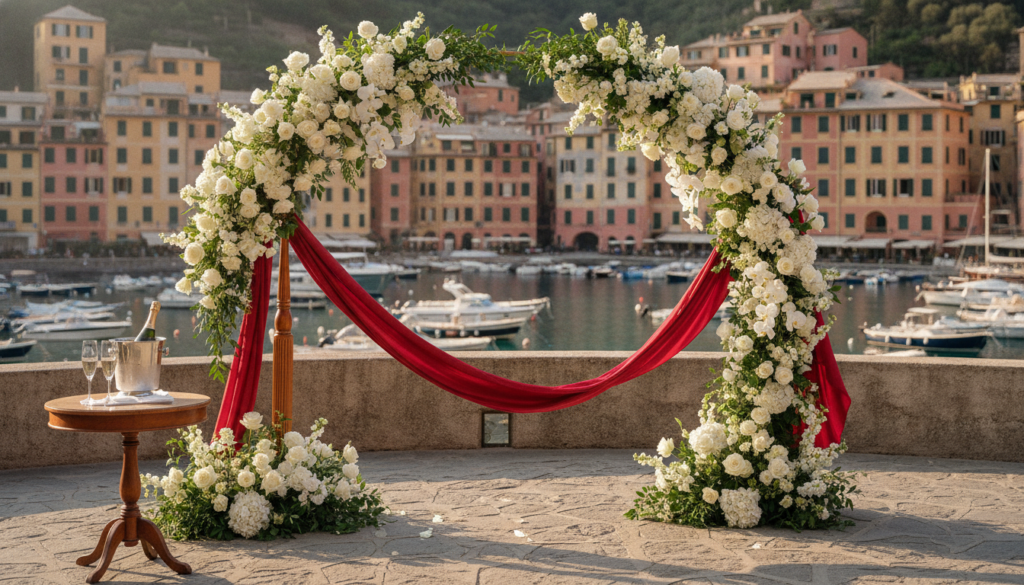 Floral ceremony arch and champagne setup overlooking Portofino harbour at golden hour – vow renewal in Portofino, Italy – Kiss Me Italy