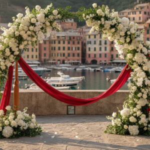 Floral ceremony arch and champagne setup overlooking Portofino harbour at golden hour – vow renewal in Portofino, Italy – Kiss Me Italy