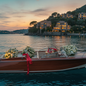 Sunset navigation off Portofino with apartment terrace and florals – luxury vow renewal in Portofino, Italy – Kiss Me Italy